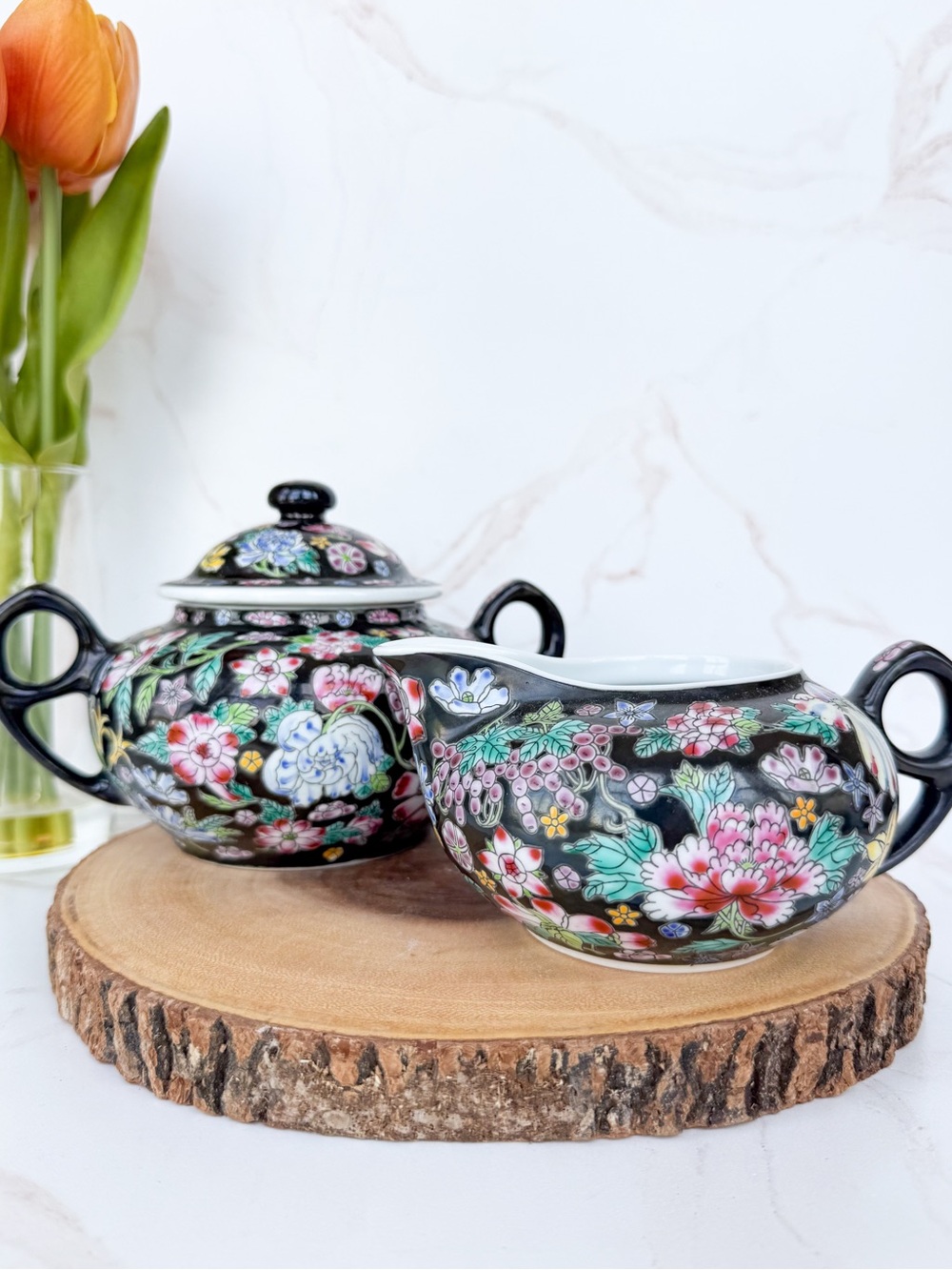Vintage 1970s Famille Noire Porcelain Creamer Sugar Set – Chinoiserie Floral